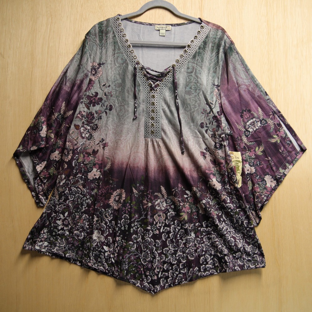 One World Live and Let Live Purple Floral Ombre Lace Up Tunic Top 3X NEW - Picture 4 of 8